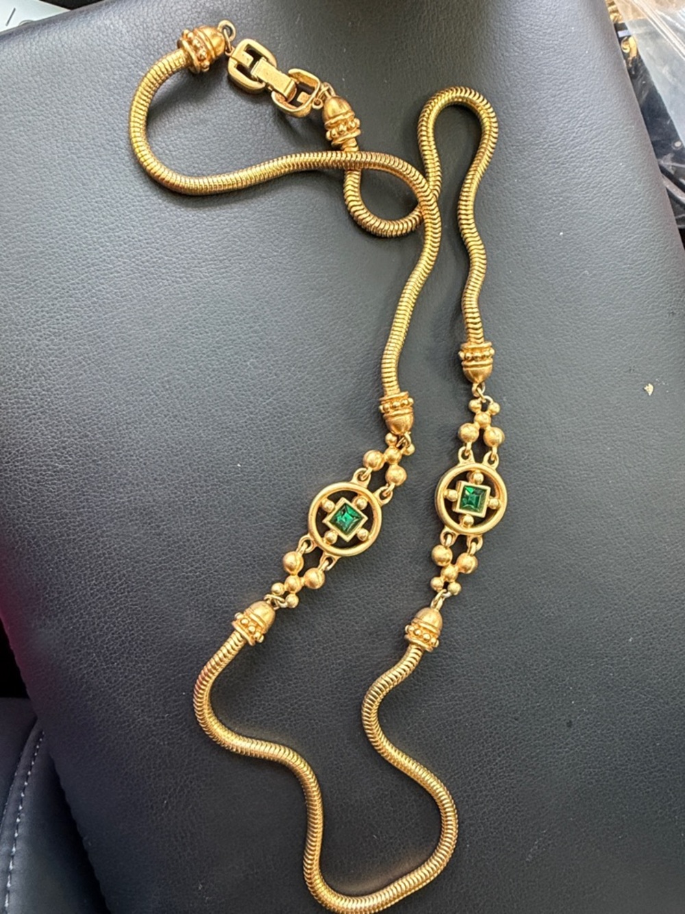 Vintage matte Gold-Tone Green Gem Station Long Necklace - Women Jewelry